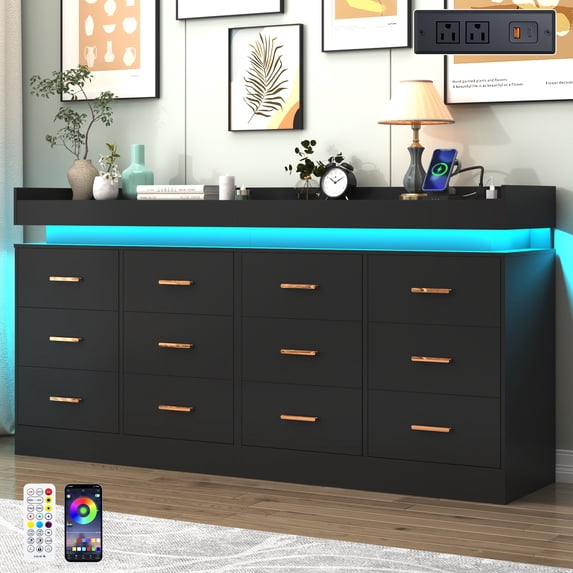 Led Between Drawers ChVans 12 drawer Dresser with Charging Station and LED Lights, Modern ...