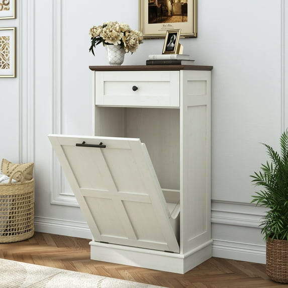 ChVans 10 Gallon Tilt Out Trash Cabinet, Hidden Wooden Trash Can with Drawer, Pet Proof Freestanding Kitchen Recycling Cabinet for Kitchen, Kitchen, Living Room