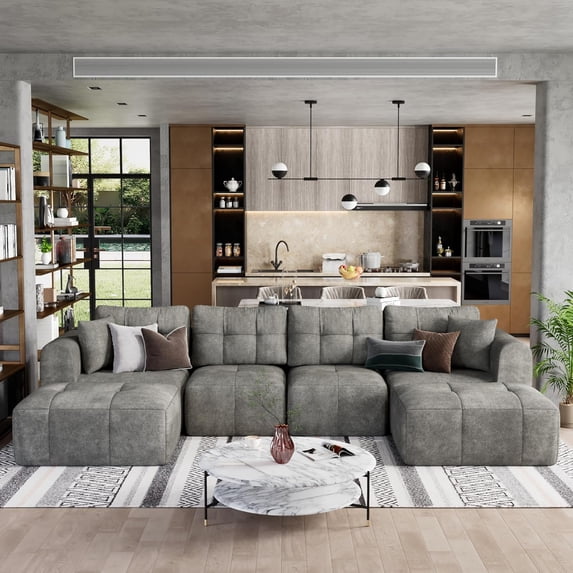 ChVans 140" U-Shaped Sectional Sofa with Convertible Left/Right Ottoman, Boneless Sofa with Oversized Chaise & Layered Cushion, Upholstered Couches for Living Room Bedroom, No Assembly