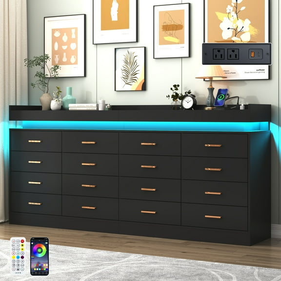 ChVans 16 Drawer Dresser with LED Lights and Charging Station, 78.7" Wide wood Chest of Drawers and Metal Handles, 36.4" Tall drawers dresser for bedroom, Living Room, Entryway, Hallway