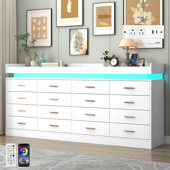 ChVans 16 Drawer Dresser with LED Lights and Charging Station,78.7" Wide wood Chest of Drawers and Metal Handles,36.4" Tall drawers dresser for bedroom,Living Room,Entryway,Hallway