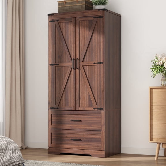 ChVans 70" Farmhouse 2 Door Armoire Wardrobe With 2 Drawers, Hanging Rod And 2 Adjustable Shelves For Bedroom, Brown