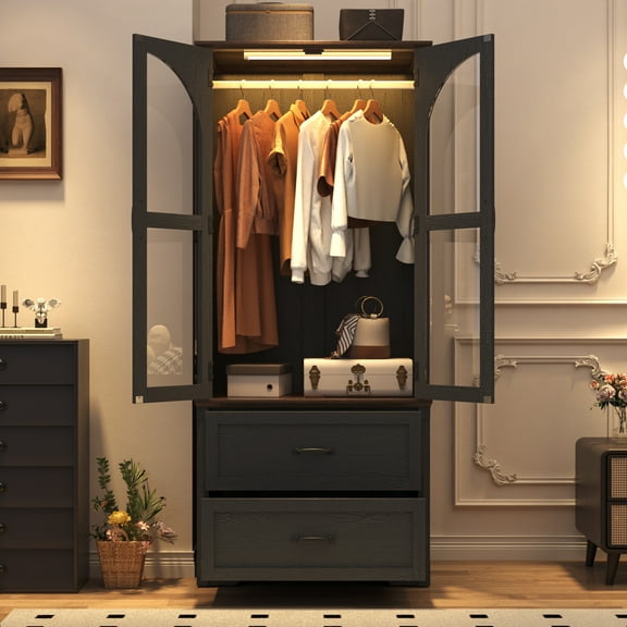 ChVans 2 Glass Doors Armoire Wardrobe Closet with 2 Drawer & LED Sensor Light, 72"H Arch design Clothing Storage Cabinet with Hanging Rod for Bedroom