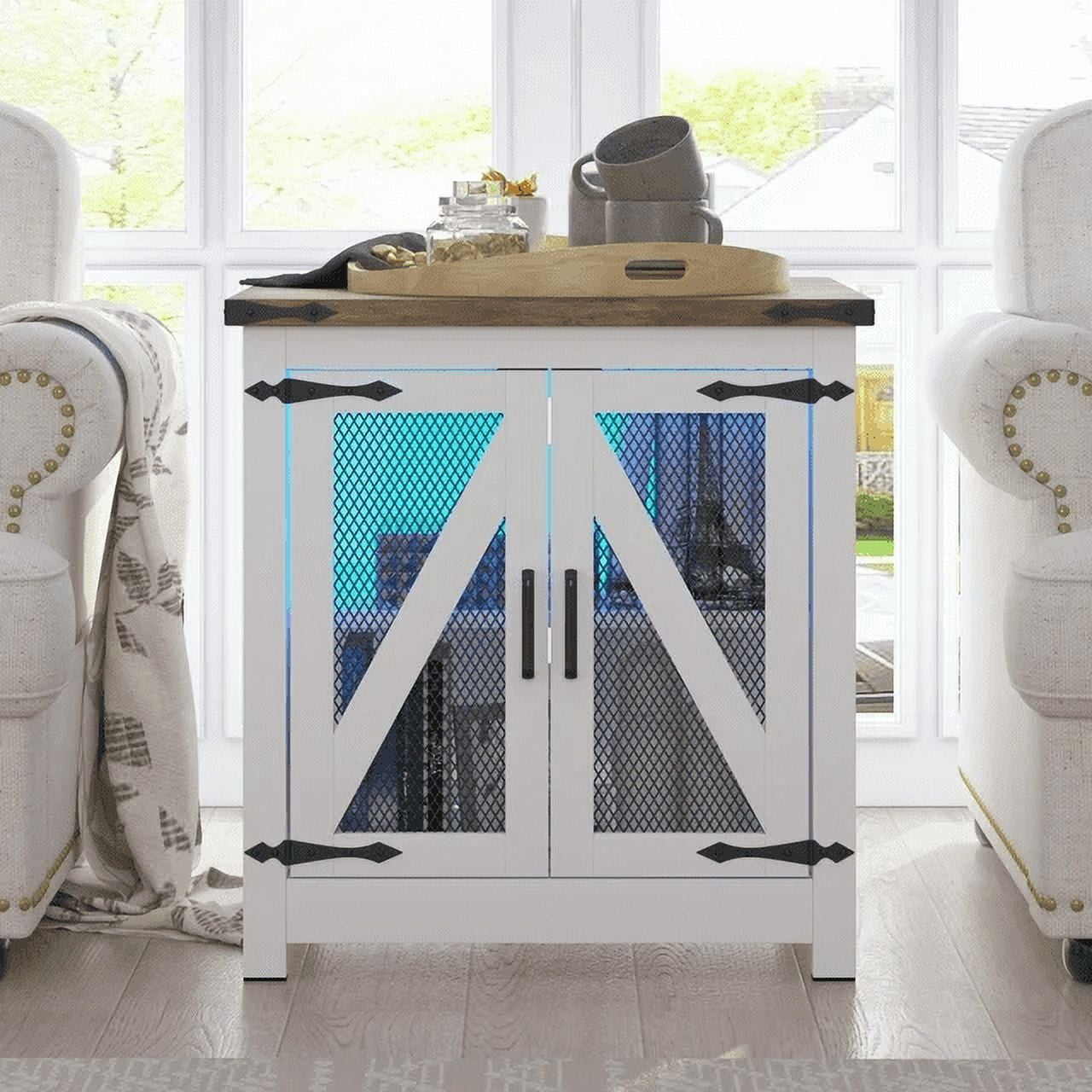 ChVans 24'' Farmhouse End Table with LED Lights&Charging Station, Mesh Barn Door, Adjustable Storage Shelf, Farmhouse Lighted Sidetable for Living Room, Bedroom, Office