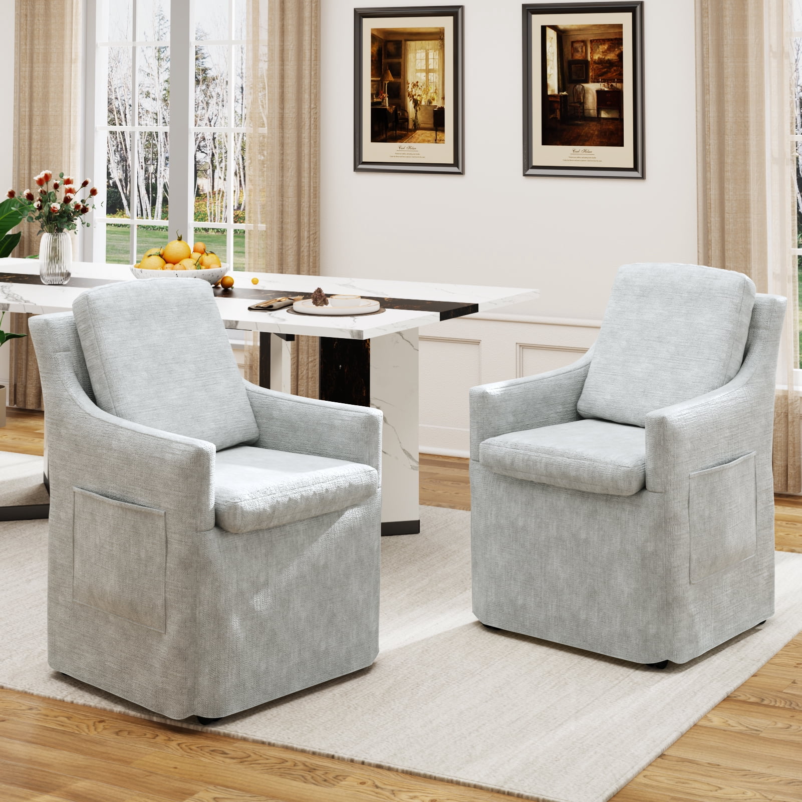 ChVans 2PCS Upholstered Dining Chair with Casters and Storage, Chenille ...