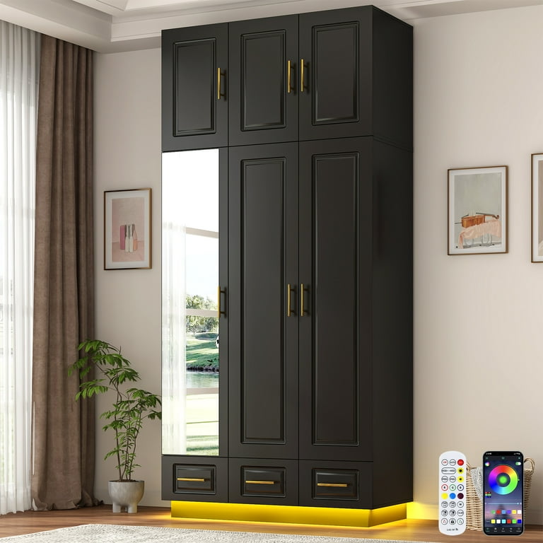 送料込み: 黒タンス: サイズ(86cm, 107cm, 42cm) ChVans 3 Door Armoire Wardrobe Closet with Top Cabinet and