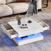 ChVans 34" LED Square Coffee Table with 2 Drawers, 2-Tier White High Glossy Coffee Table with Led lights & Storage Drawer, Modern Living Room Tables - rated 4.4 stars from 45 reviews