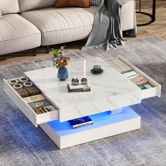 ChVans 34" LED Square Coffee Table with 2 Drawers, 2-Tier White High Glossy Coffee Table with Led lights & Storage Drawer, Modern Living Room Tables