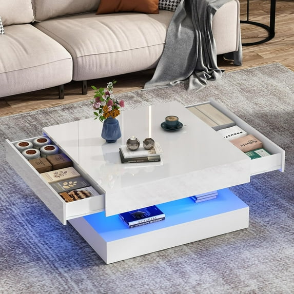 ChVans 34" LED Square Coffee Table with 2 Drawers, 2-Tier White High Glossy Coffee Table with Led lights & Storage Drawer, Modern Living Room Tables