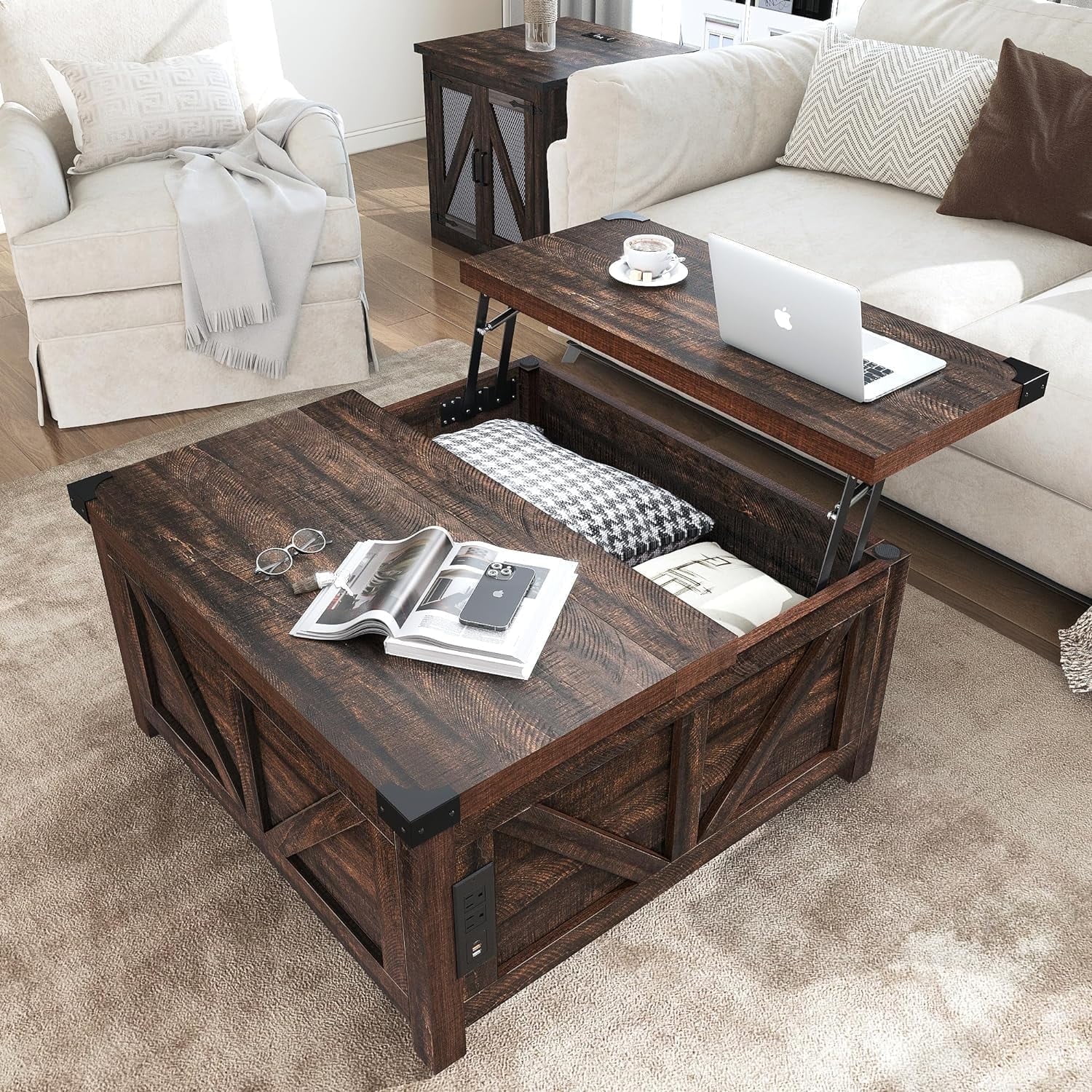 ChVans 35.6" Square Lift Top Coffee Table, Farmhouse Coffee Table with Storage & Charging Ports, Wood Center Table w/Large Hidden Space for Living Room Home Office, Brown
