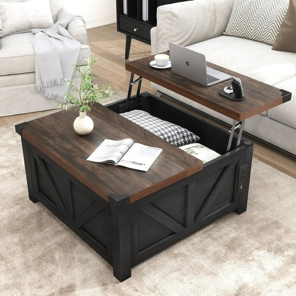 ChVans 35.6" Square Lift Top Coffee Table, Farmhouse Coffee Table with Storage & Charging Ports, Wood Center Table w/Large Hidden Space for Living Room Home Office