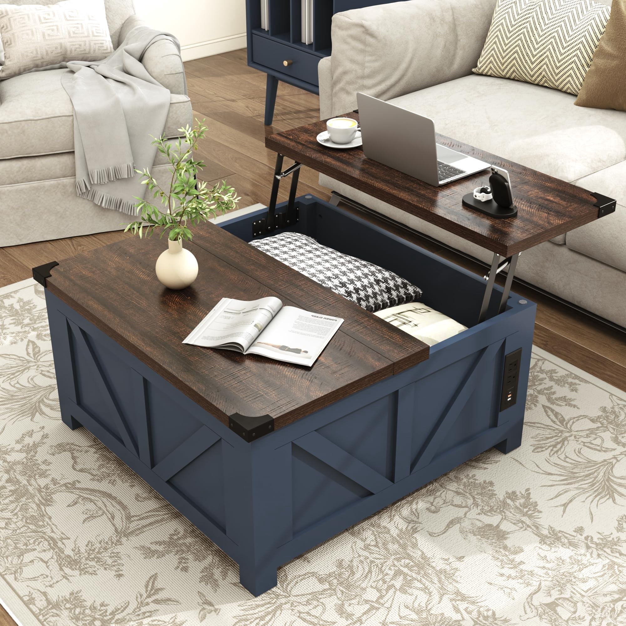 ChVans 35.6" Square Lift Top Coffee Table, Farmhouse Coffee Table with Storage & Charging Ports, Wood Center Table w/Large Hidden Space for Living Room Home Office