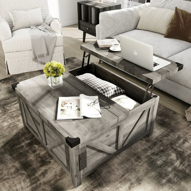 "ChVans 35.6"" Farmhouse Square Lift Top Coffee Table, Rustic Wood