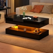 ChVans 39.37 Black LED Coffee Table with 2 Storage Drawers, Modern High Gloss Coffee Table with 20 Colors LED Lights & APP Control, 2 Tiers Rectangle Coffee Table Large Living Room Furniture