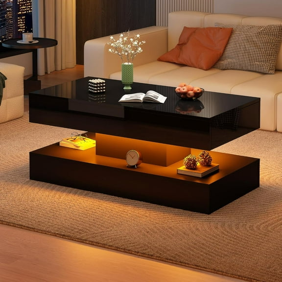 ChVans 39.37" Black LED Coffee Table with 2 Storage Drawers, Modern High Gloss Coffee Table with 20 Colors LED Lights & APP Control, 2 Tiers Rectangle Coffee Table Large Living Room Furniture
