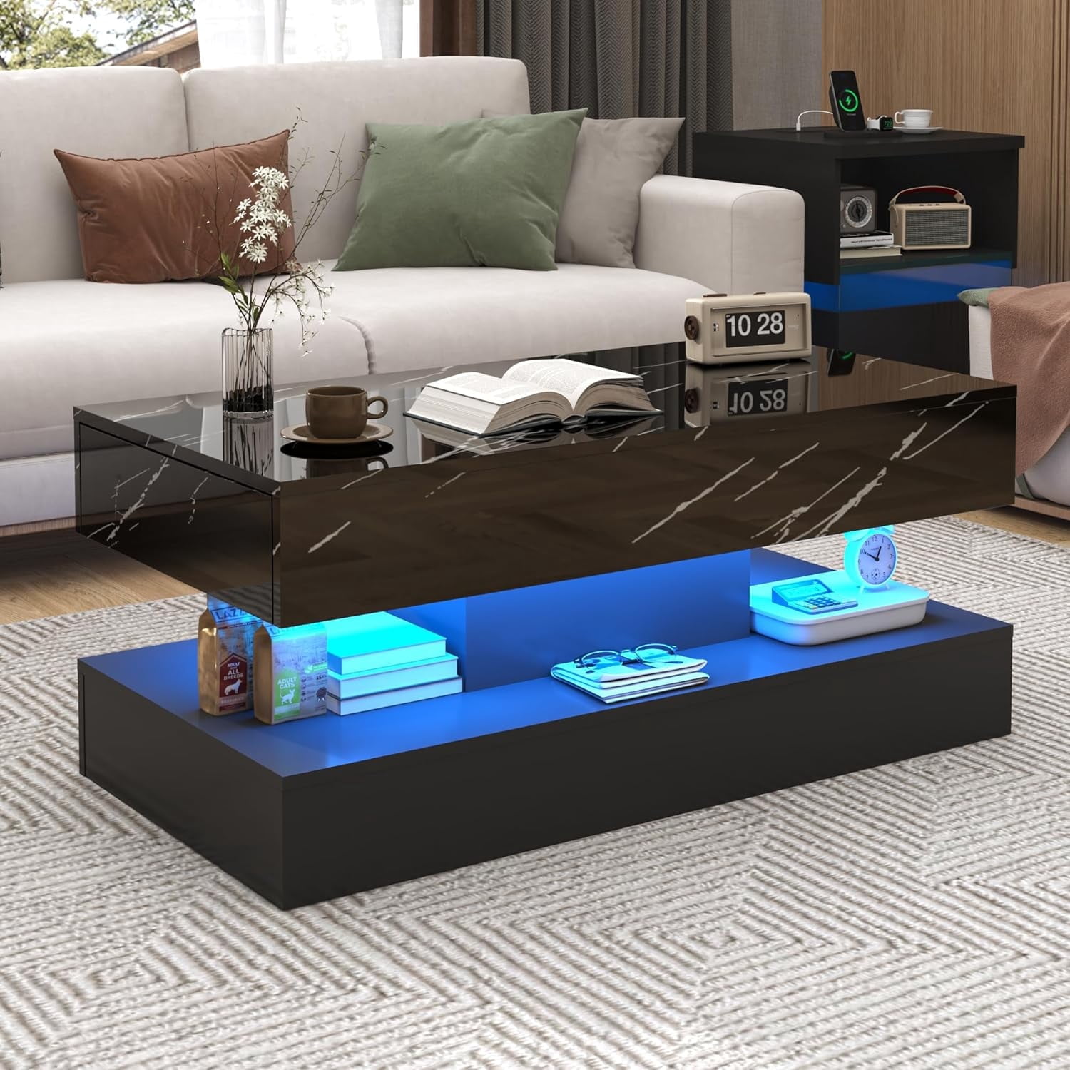 ChVans 39.37" Black LED Coffee Table with 2 Storage Drawers, Modern High Gloss Coffee Table w/20 Colors LED Lights/APP Control, 2 Tiers Rectangle Large Living Room Furniture w/Marbling Print