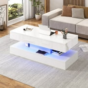 ChVans 39.37 White LED Coffee Table with 2 Storage Drawers, Modern High Gloss Coffee Table with 20 Colors LED Lights & APP Control, 2 Tiers Rectangle Coffee Table Large Living Room Furniture