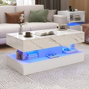 ChVans 39.37" White LED Coffee Table with 2 Storage Drawers, Modern High Gloss Coffee Table with 20 Colors LED Lights &