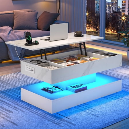 ChVans 39.4" Large Lift Top Coffee Table with Charging Station & LED Lights, Black High Glossy LED Coffee Table with Hidden Compartment Storage, Modern Living Room Tables