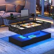 ChVans 39.4 Large Lift Top Coffee Table with Charging Station & LED Lights, Black High Glossy LED Coffee Table with Hidden Compartment Storage, Modern Living Room Tables
