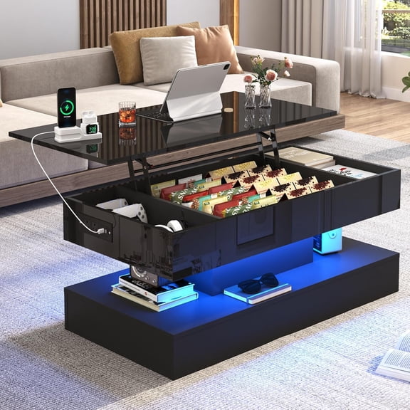 ChVans 39.4" Large Lift Top Coffee Table with Charging Station & LED Lights, Black High Glossy LED Coffee Table with Hidden Compartment Storage, Modern Living Room Tables