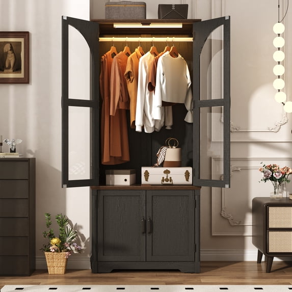 ChVans 4 Door Armoire Wardrobe Closet with LED Sensor Light,72"H Arch design Clothing Storage Cabinet with Hanging Rod and Glass Doors