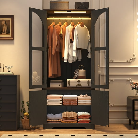 ChVans 4 Door Armoire Wardrobe Closet with LED Sensor Light,72"H Arch design Clothing Storage Cabinet with Hanging Rod and Glass Doors