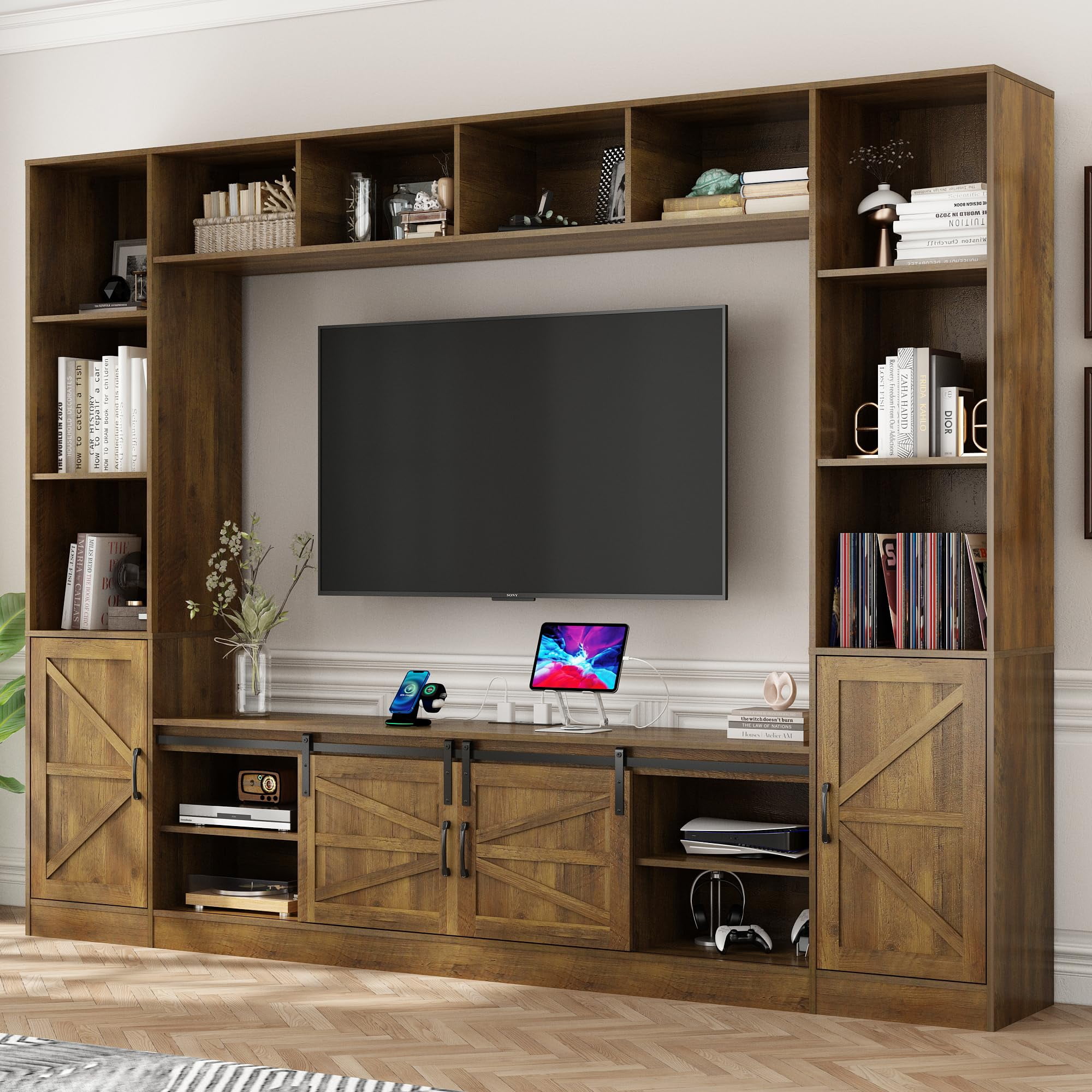 ChVans 103" Rustic TV Farmhouse Wall Unit Entertainment Center for TVs ...