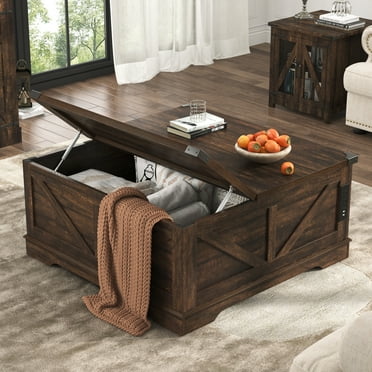 40" Large Farmhouse Lift Top Coffee Table with Power Outlets, Square Wood Living Room Table with Large Hidden Storage, Multi-Function Lift Wooden Barn Door Center Table, Brown