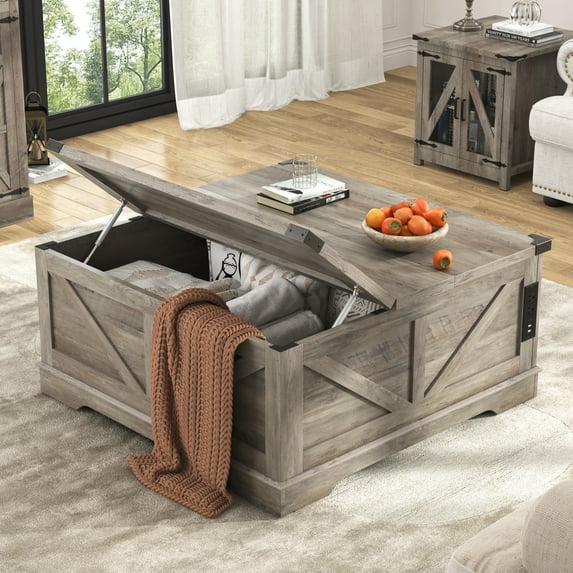 40" Large Farmhouse Lift Top Coffee Table with Power Outlets, Square Wood Living Room Table with Large Hidden Storage, Multi-Function Lift Wooden Barn Door Center Table, Gray