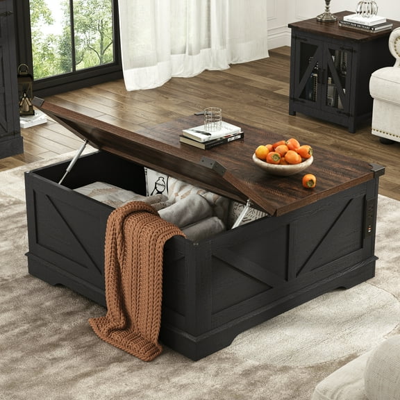 ChVans 40" Large Farmhouse Lift Top Coffee Table with Power Outlets, Square Wood Living Room Table with Large Hidden Storage, Multi-Function Lift Wooden Barn Door Center Table, Rustic Black