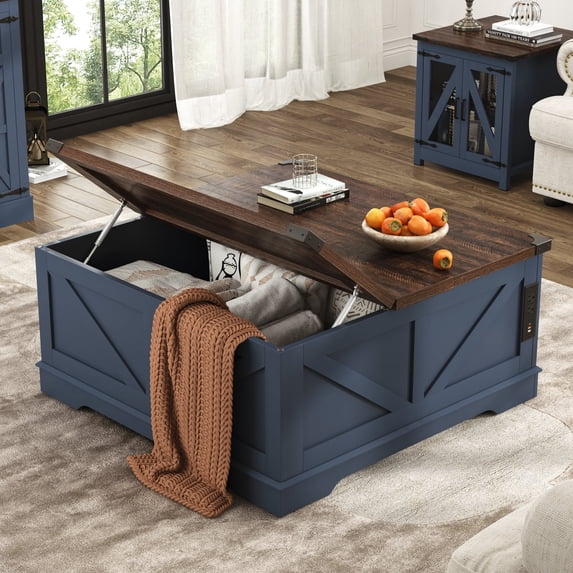 ChVans 40" Large Farmhouse Lift Top Coffee Table with Power Outlets, Square Wood Living Room Table with Large Hidden Storage, Multi-Function Lift Wooden Barn Door Center Table, Rustic Blue