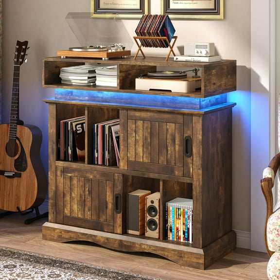 ChVans Record Player Stand with Storage & LED Lights, 15.7" D x 39.4" W x 40" H, Vinyl Record Storage Cabinet with Power Outlet & Sliding Doors Up to 450 Albums for Living Room, Tan