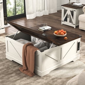 ChVans 40" Large Farmhouse Lift Top Coffee Table with Power Outlets, Square Wood Living Room Table with Large Hidden Storage, Multi-Function Lift Wooden Barn Door Center Table, Rustic White