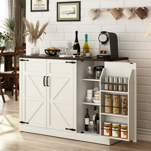 ChVans 47.2" Farmhouse Kitchen Buffet Sideboard Cabinet with 3 Side Shelves, 34"H Kitchen Pantry Cabinet with 3 Barn Doors/4 Adjustable Shelves for Kitchen, Dining Room, Living Room, White-Brown