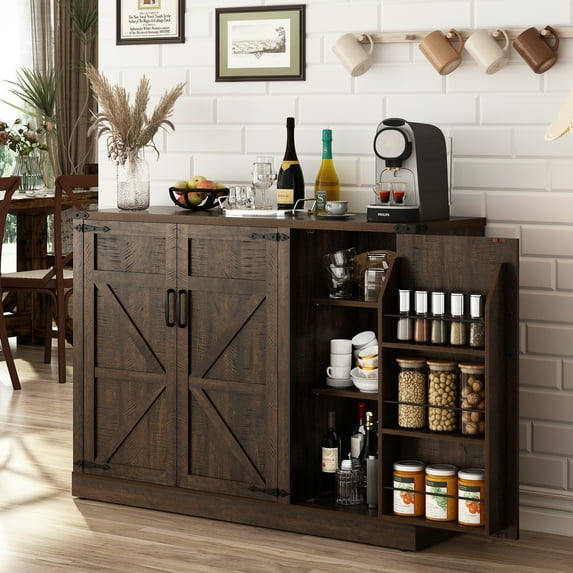 ChVans 47.2" Farmhouse Kitchen Buffet Sideboard Cabinet with 3 Side Shelves, 34"H Kitchen Pantry Cabinet with 3 Barn Doors/4 Adjustable Shelves for Kitchen, Dining Room, Living Room, Brown