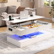 ChVans 47 Large Lift Top Coffee Table with Charging Station & LED Lights, High Glossy White LED Coffee Table with Hidden Compartment Storage, Modern Living Room Tables w/Marbling Print