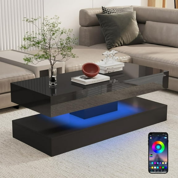ChVans 47.3" High Glossy LED Coffee Table with 2 Sliding Storage Drawers, Living Room Coffee Table w/APP Control LED Lights, Modern Double-Layer Center Tables Large Furniture, Black