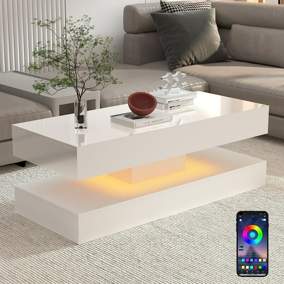 ChVans 47.3" High Glossy LED Coffee Table with 2 Sliding Storage Drawers, Living Room Coffee Table w/APP Control LED Lights, Modern Double-Layer Center Tables Large Furniture, White