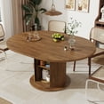 thumbnail image 1 of ChVans 47"-63" Extendable Round Dining Table with Storage, Modern Farmhouse Kitchen Table for 4-8, Round Table with Wood Strip Base, Circle Dining Table, Walnut, 1 of 10