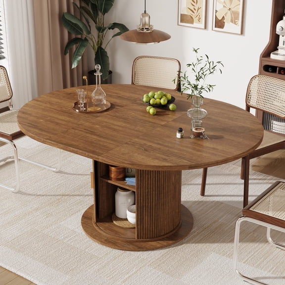 ChVans 47"-63" Extendable Round Dining Table with Storage, Modern Farmhouse Kitchen Table for 4-8, Round Table with Wood Strip Base, Circle Dining Table, Walnut