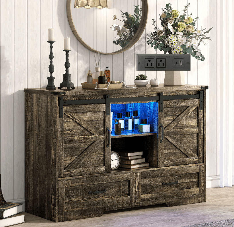 ChVans 47'' Farmhouse Dresser with LED Light & Power Outlet,  2 Drawers, 2 Sliding Doors, 2 Storage layers, Rustic Dresser TV Stand for 60in TV, Wood Storage Cabinet for Bedroom, Living Room, Hallway