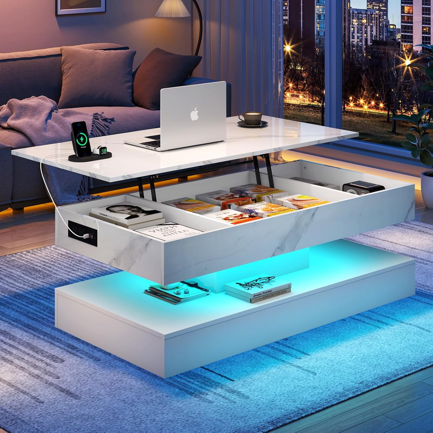 ChVans 47.2" Large Lift Top Coffee Table with Charging Station & LED Lights, High Glossy White LED Coffee Table with Hidden Compartment Storage, Modern Living Room Tables w/ White Marbling Print