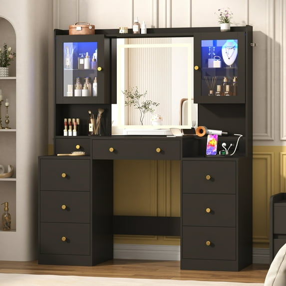 ChVans 47'' Large Makeup Vanity with Power Outlet, 60000-color LED Lights, Glass Top Vanity Desk with 3 Lights Mode LED Mirror, 8 Drawers, 2 RGB cabinets for Women, Girls Gift
