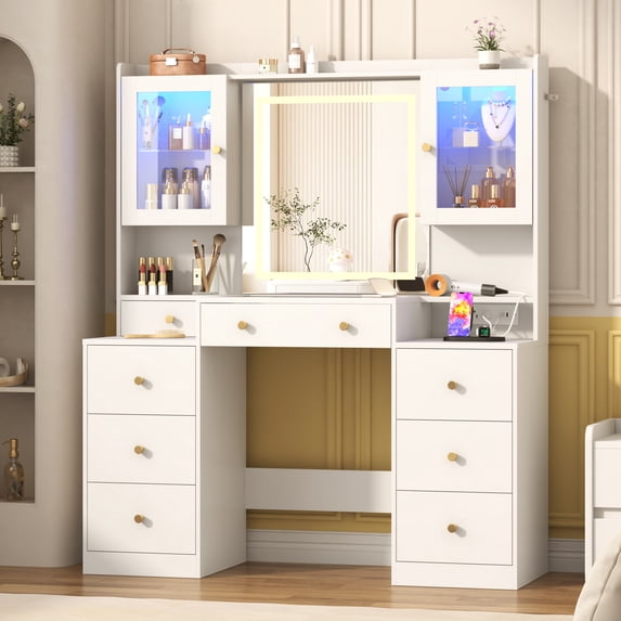 ChVans 47'' Large Makeup Vanity with Power Outlet, 60000-color LED Lights, Glass Top Vanity Desk with 3 Lights Mode LED Mirror, 8 Drawers, 2 RGB cabinets for Women, Girls Gift