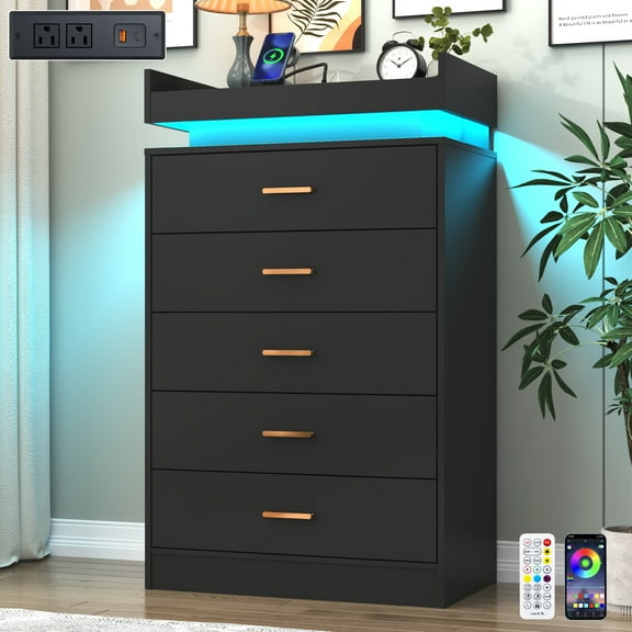 ChVans 5 Drawer Dresser with LED Lights and Charging Station, 45.5" Tall wood Chest of Drawers and Metal Handles, 5 drawers dresser for bedroom, Living Room, Entryway, Hallway