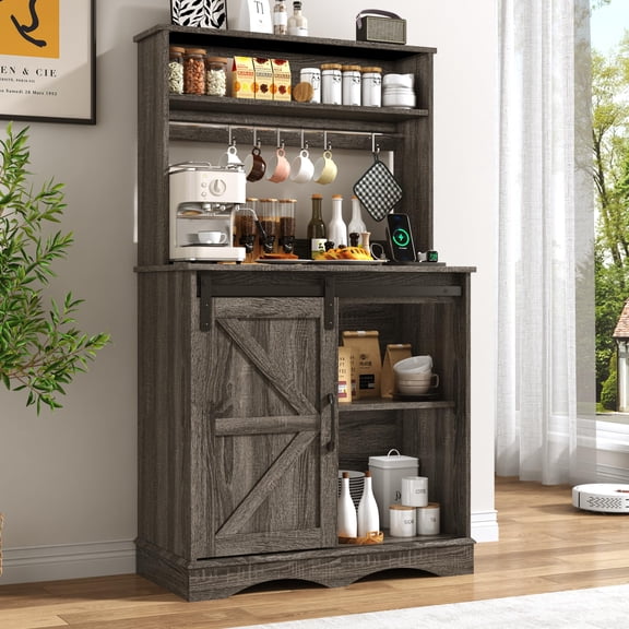 ChVans 55.1" H Farmhouse Coffee Bar Cabinet with Storage Hutch, Kitchen Wood Coffee Bar Station with Charging Station & 6 Hooks & Adjustable Shelf and Sliding Barn Door for Kitchen, Living Room