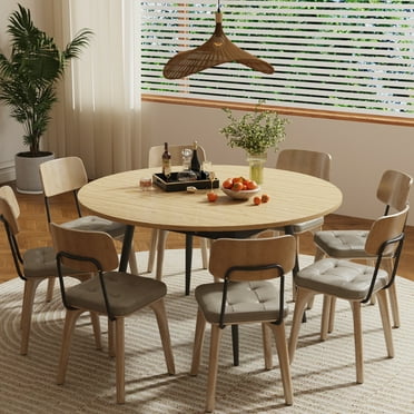 ChVans 55" Large Round Dining Table for 4-8 Person, Extendable Dinner Kitchen Table for Kitchen Dining Room, Office, Save Space