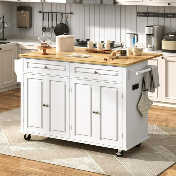 ChVans 59" W Kitchen Island with Drop Leaf, Rolling Kitchen Cart with Storage on Wheels, Large Island Table for Kitchen with Rubber Wood Top and Rack and Drawer