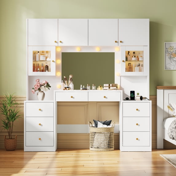 ChVans 61.4" Large Vanity Desk with Mirror and Lights, Makeup Vanity Table with Charging Station & Glass Top, 3-Color LED Bulbs & RGB Ambient Lighting, 8 Drawers & Storage Cabinets